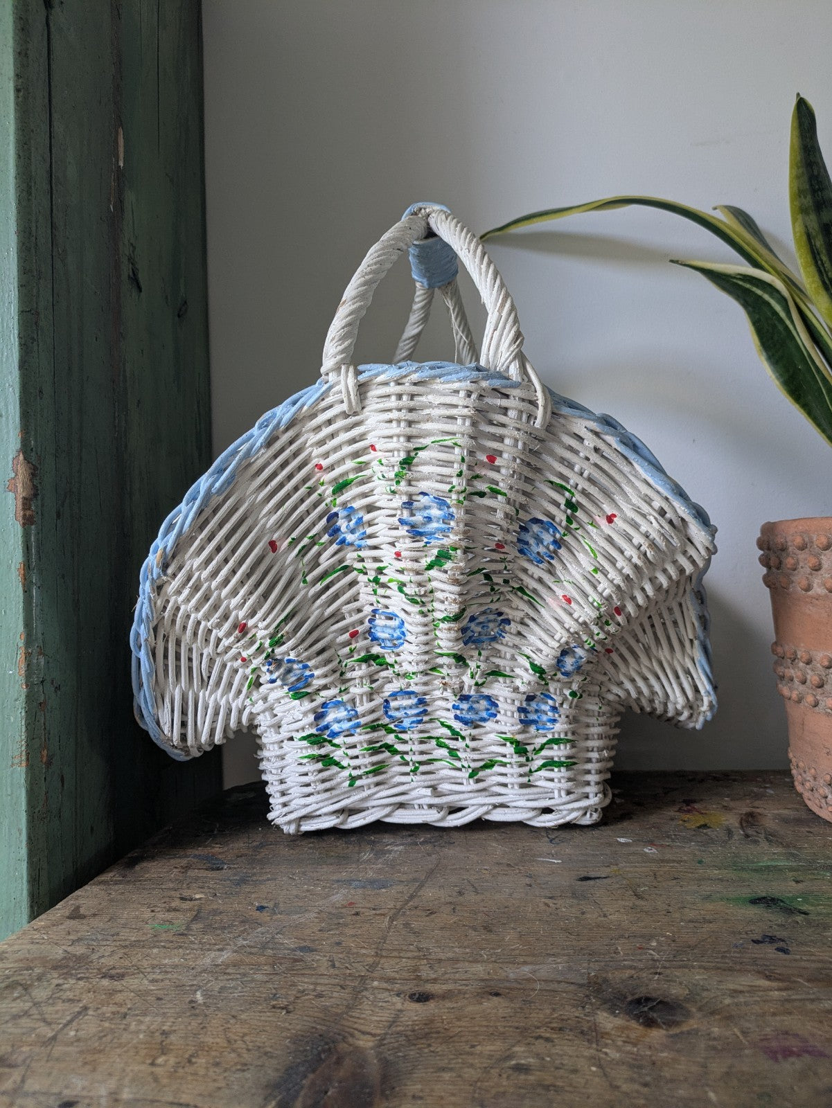 Vintage Shell Shaped Basket White Hand painted Flowers Blue White Prop Wicker 