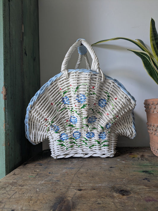 Vintage Shell Shaped Basket White Hand painted Flowers Blue White Prop Wicker 