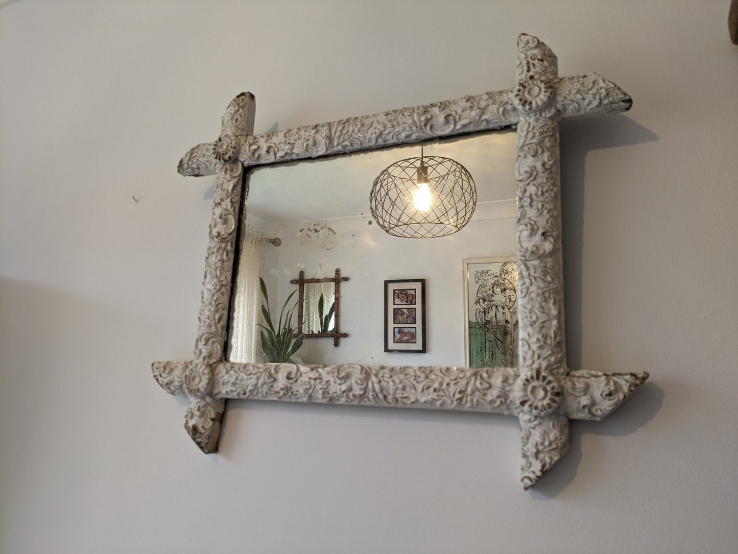 Late 19th century French Detailed distressed mirror Chippy Antique Rare Mercury