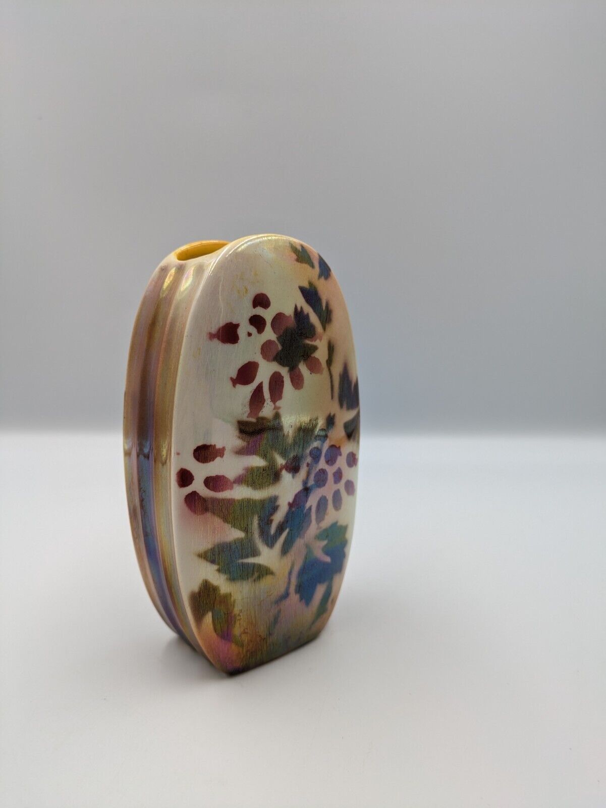 Rare Sylvac 1930s Irredescent Opelle Lustre Copper Leaf Mantle Vase flower Vtg