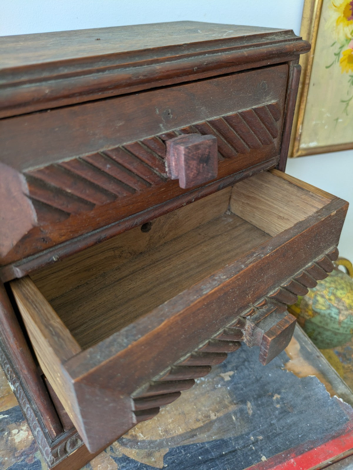 Antique 19th Century Three Drawer Table Top Drawers Carved Apprentice Art Deco 
