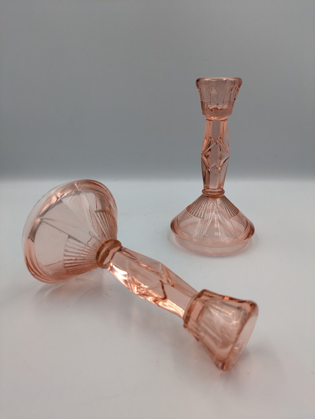 PAIR ART DECO VINTAGE GLASS DEPRESSION PINK GLASS CANDLESTICKS WALTHER VANITY 