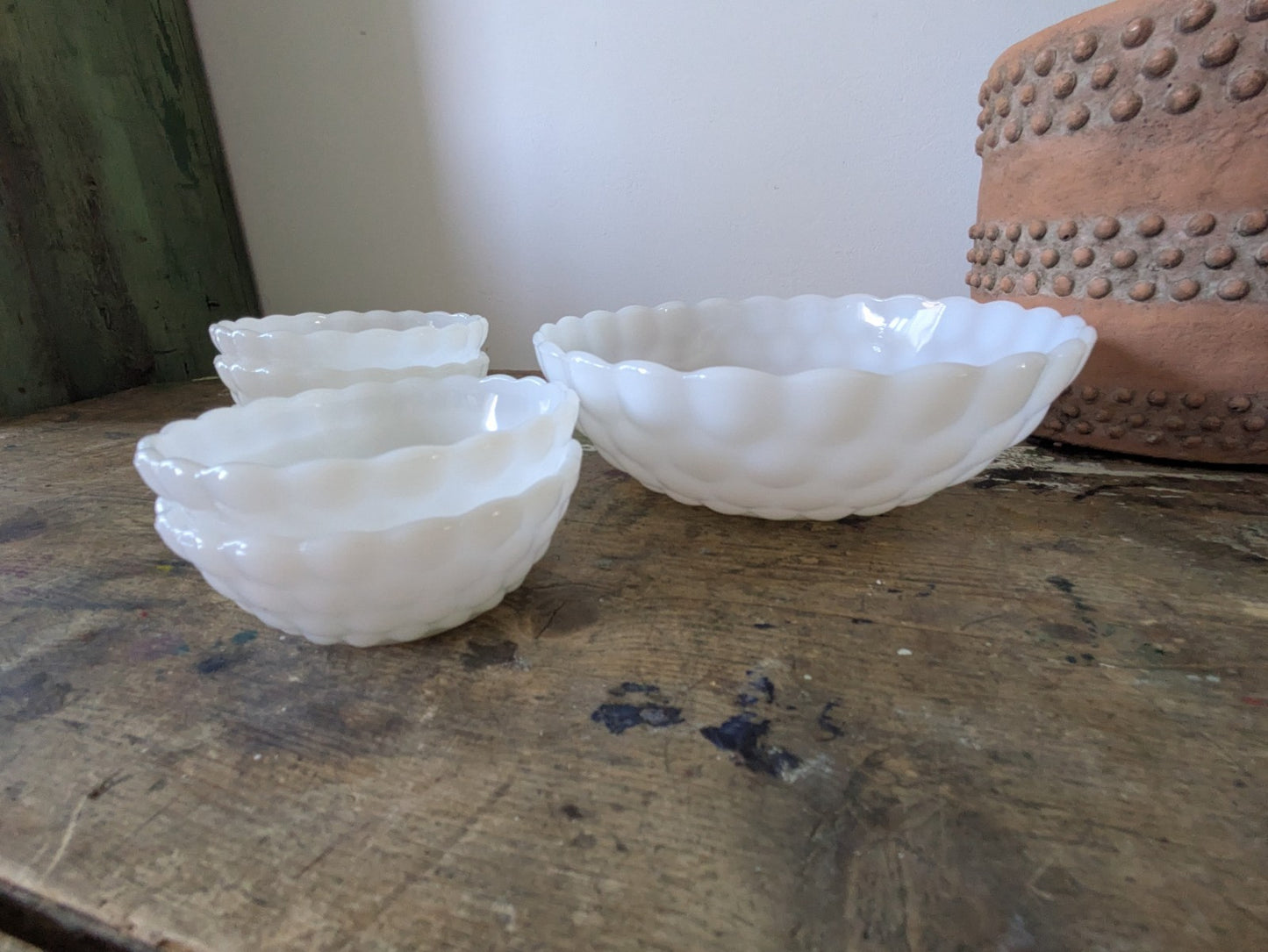 Set 6 MILK GLASS Anchor Hocking LG Bubble Serving Bowls Set Large Vintage White