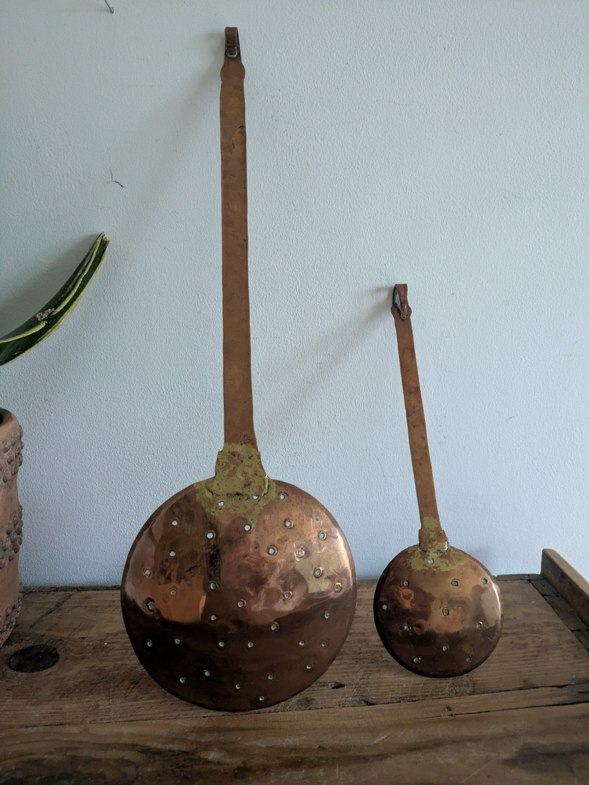 2x Antique 19th Century French Hammered Copper Strainer Skimmer Kitchenalia Vtg