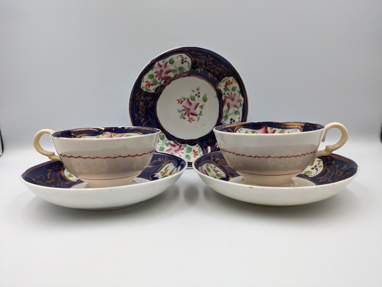 ANTIQUE Mid 1800’s ENGLISH GAUDY WELSH TEA CUPS SAUCERS DUOS COBALT BLUE COPPER 