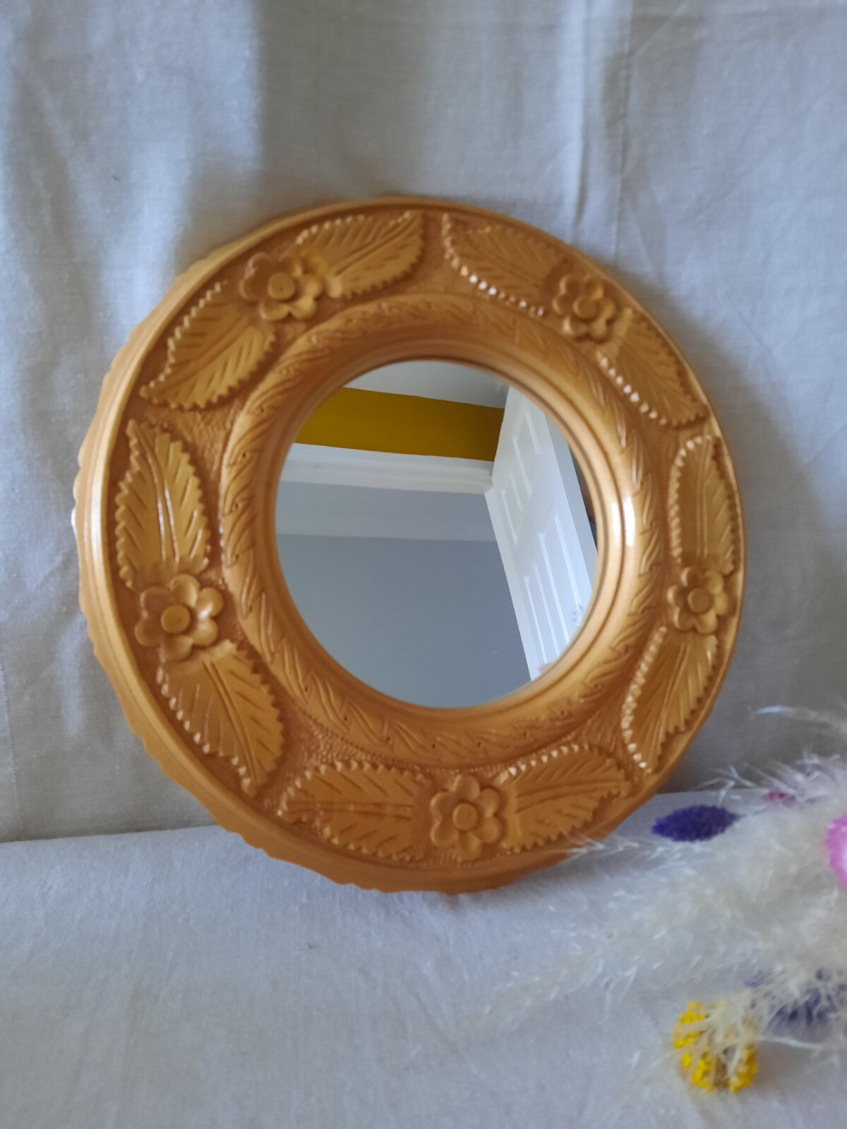 Vintage hand Carved Wood Floral Round Wall Mirror Austrian 1970s 1980s Boho RARE