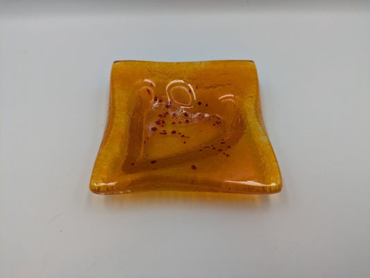 Vintage Mid Century 60s Fused Glass Soap Dish Orange Heart Sq Retro Ash Tray Vgc