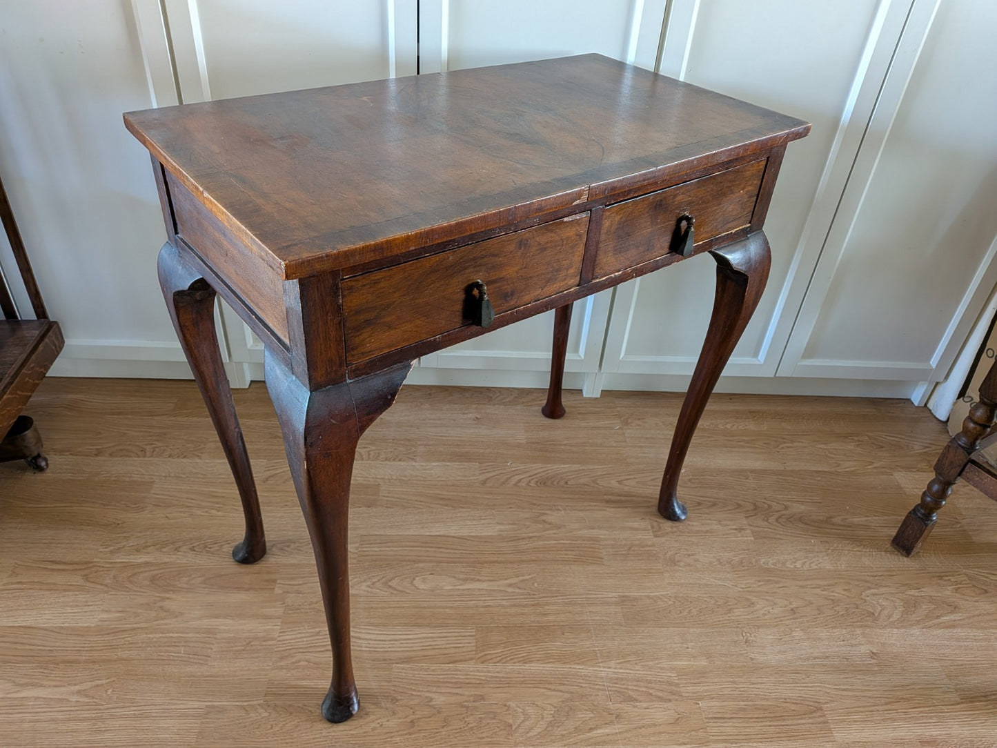 Antique Vintage Walnut Lowboy / Side Table Desk Queen Anne Cabriole Legs Veneer 