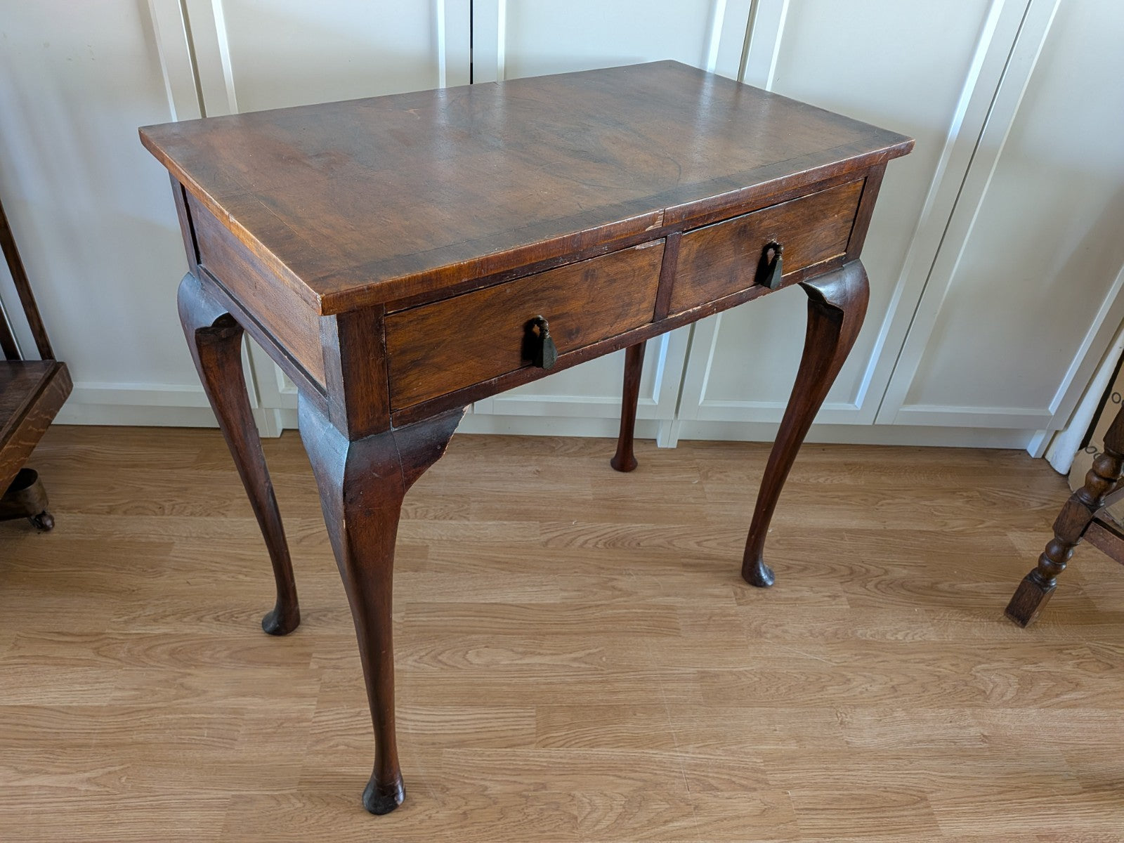 Antique Vintage Walnut Lowboy / Side Table Desk Queen Anne Cabriole Legs Veneer 