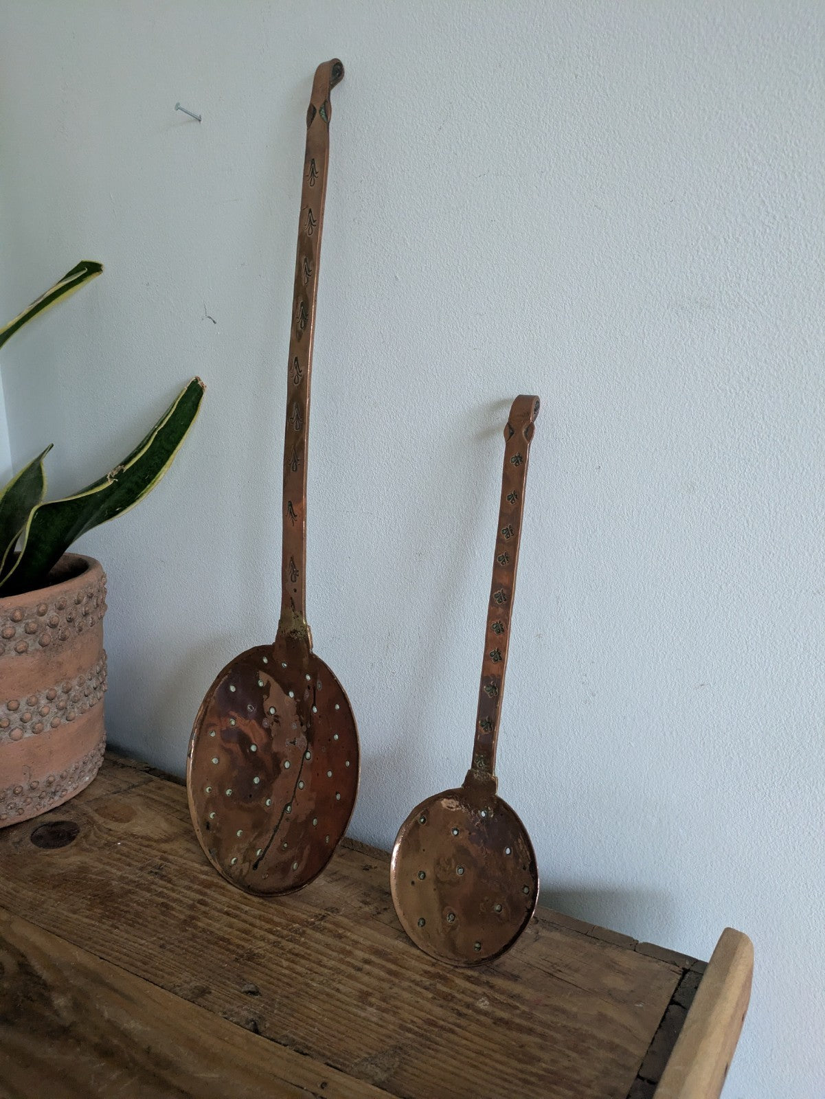 2x Antique 19th Century French Hammered Copper Strainer Skimmer Kitchenalia Vtg