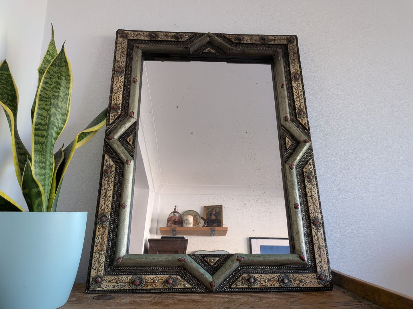 Vintage Ancient Handmade Moroccan Wall Mirror Brass Bone Camel Inlaid Mosaic XL 