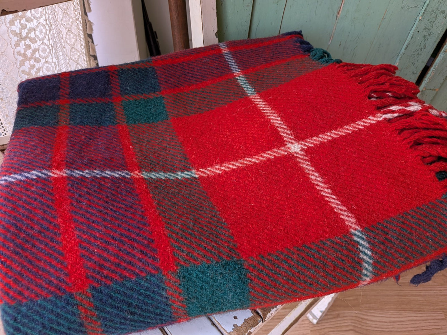 Red/Green All Wool Tartan Fringed Vintage Blanket 'The Clan' Rug Retro Scottish 