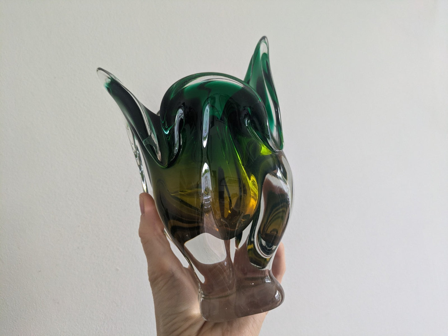 LARGE HEAVY GREEN & YELLOW CZECH CHRIBSKA FREEFORM ART GLASS VASE JOSEF HOSPODKA