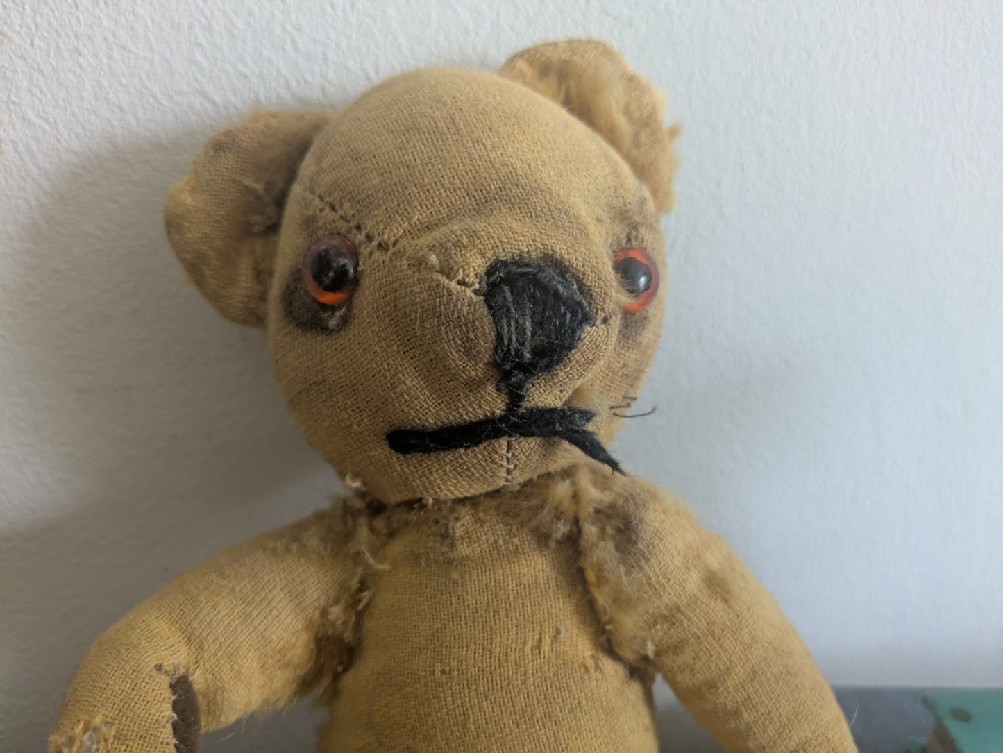 Antique Small Jointed Old Mohair Teddy Bear straw stuffed vintage RARE worn toy!