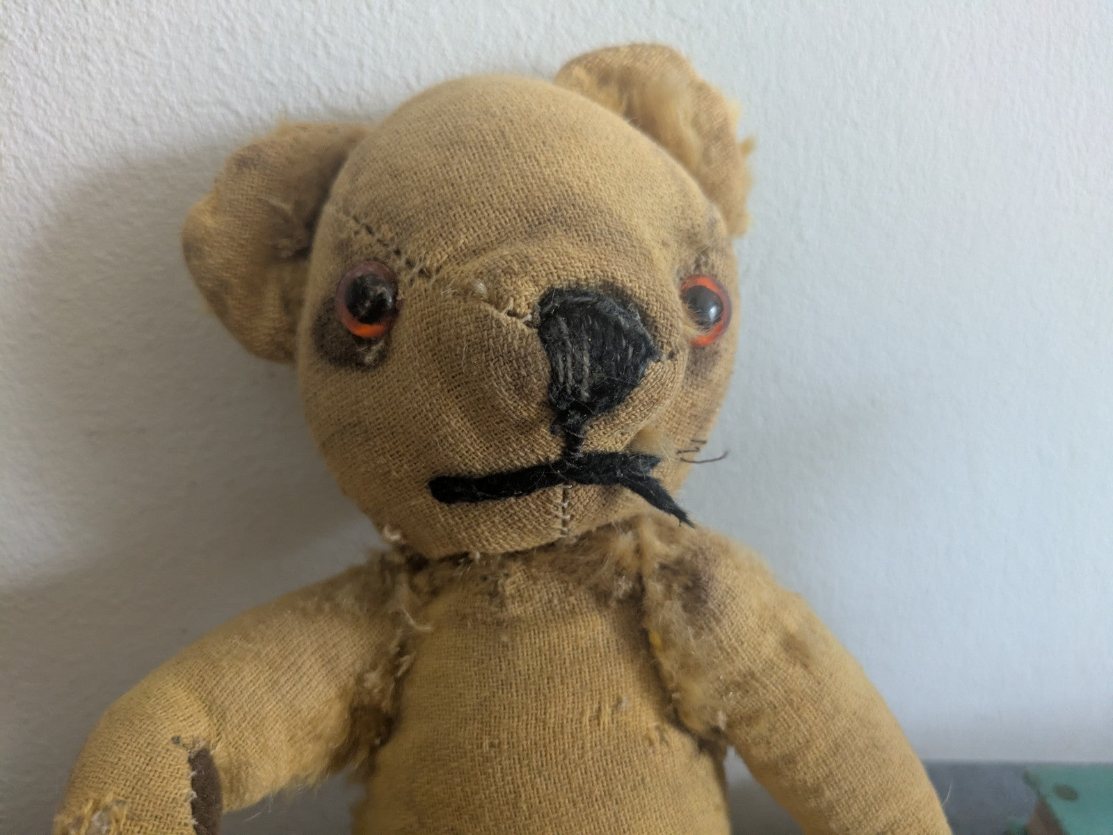 Antique Small Jointed Old Mohair Teddy Bear straw stuffed vintage RARE worn toy!