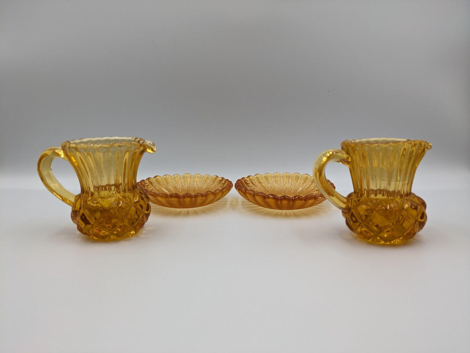 2x Vintage Amber Glass Thistle Shape Cream Milk Jug Toothpick Holder Saucer Rare