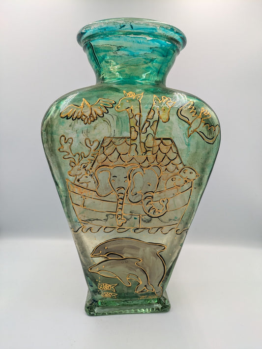 Large Flashed 3d Painted Teal Green Glass Vase Noah's Ark Design Vintage Decor