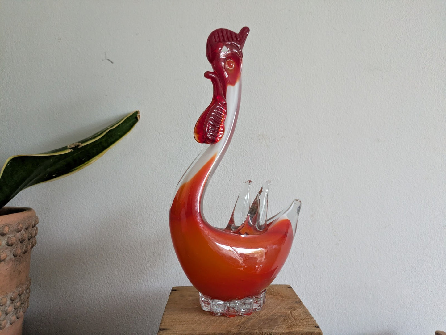 Murano Sommerso Art Glass Figure Red White Rooster Chicken Hen Bird Figure MCM
