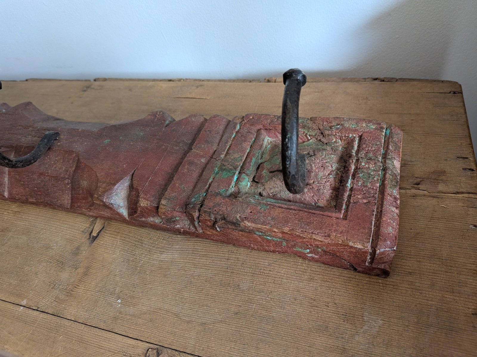 Antique Indian Painted Teak Wood Coat Hook Panel Salvaged Iron Hooks Vintage Vgc