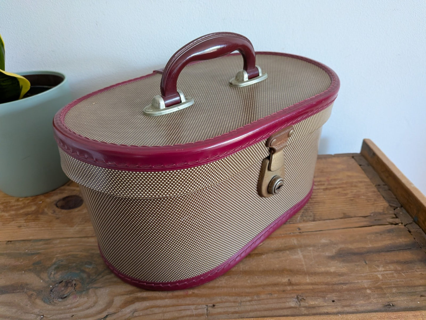 Vintage Cheney Vanity Case Child's Suitcase Luggage Prop Maroon Two-tone TV Film