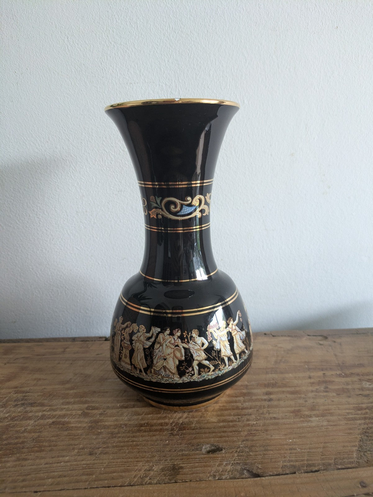 Neofitou Dakas Keramik Vase Hand Made in Greece 24K Gold Rhodes Black Vintage 
