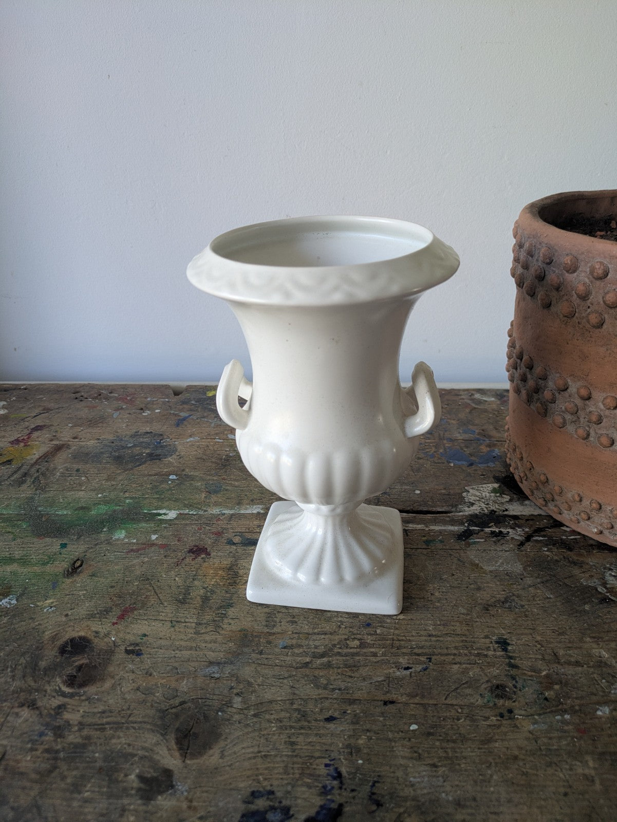 Vintage Shorter & Sons White Pottery Urn Vase 2 Handles Classic Pedestal Design