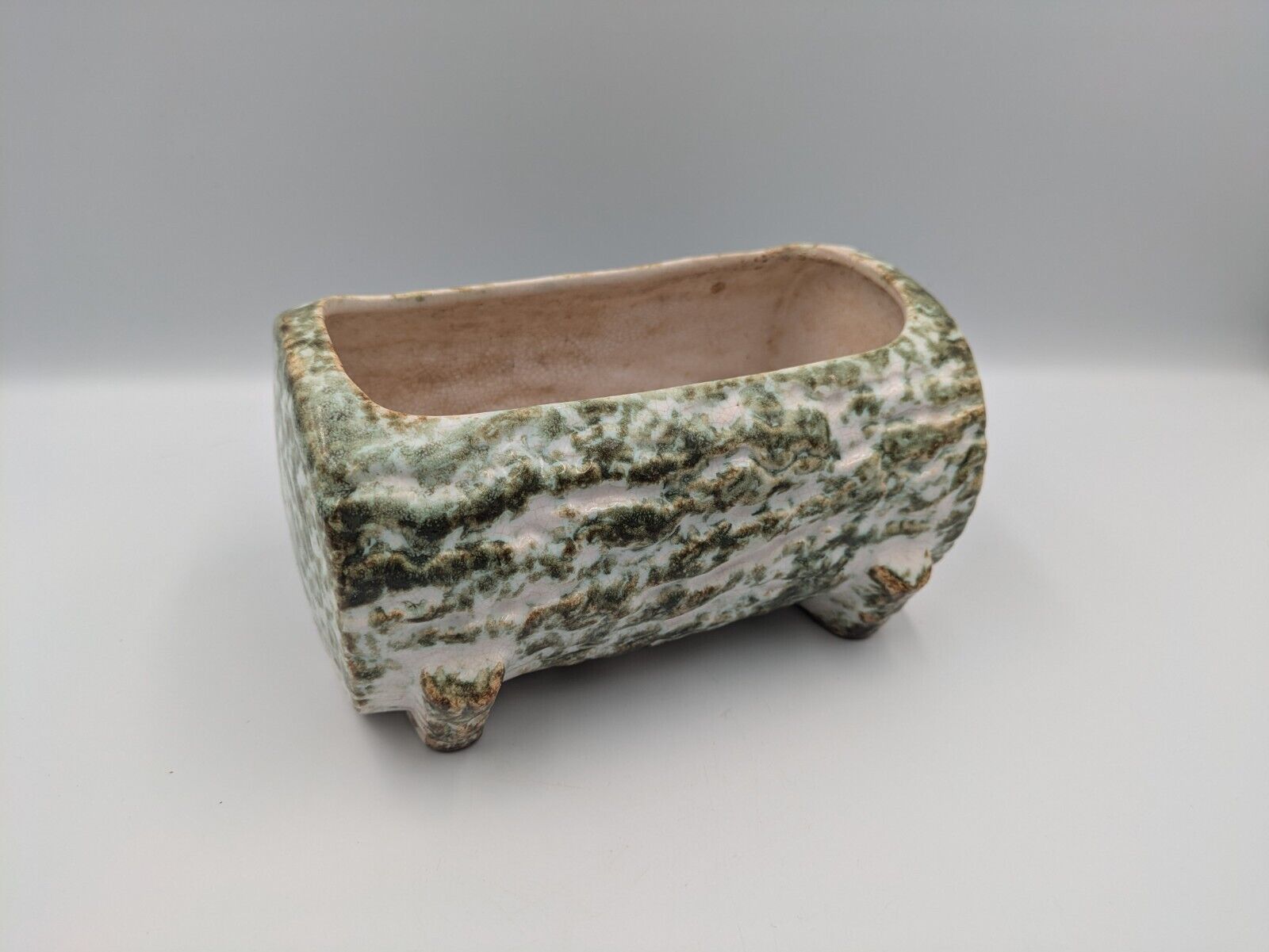 Tree Bark Green Pottery Figural Woodland Glaze Log Planter Vintage Retro Mantle