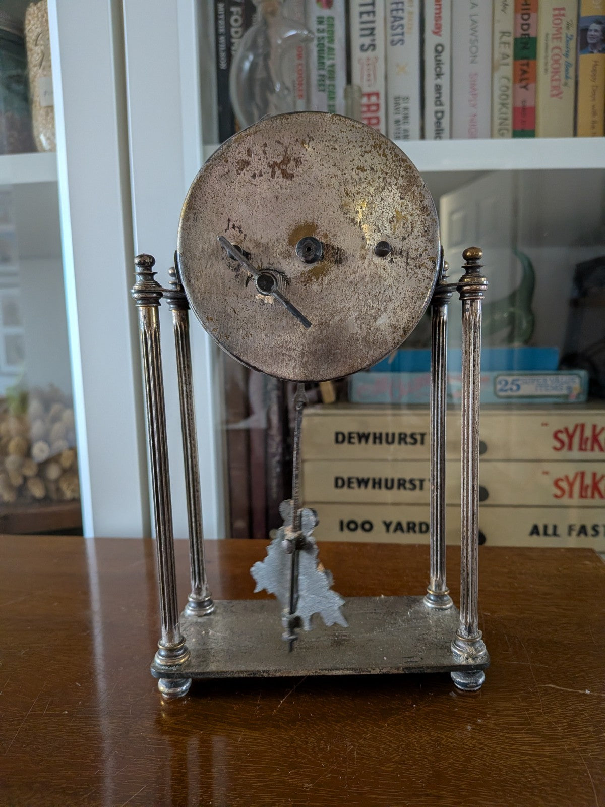 Antique French Portico Drumhead Mantel Clock Pendulum Silver-Plated VTG Art Deco