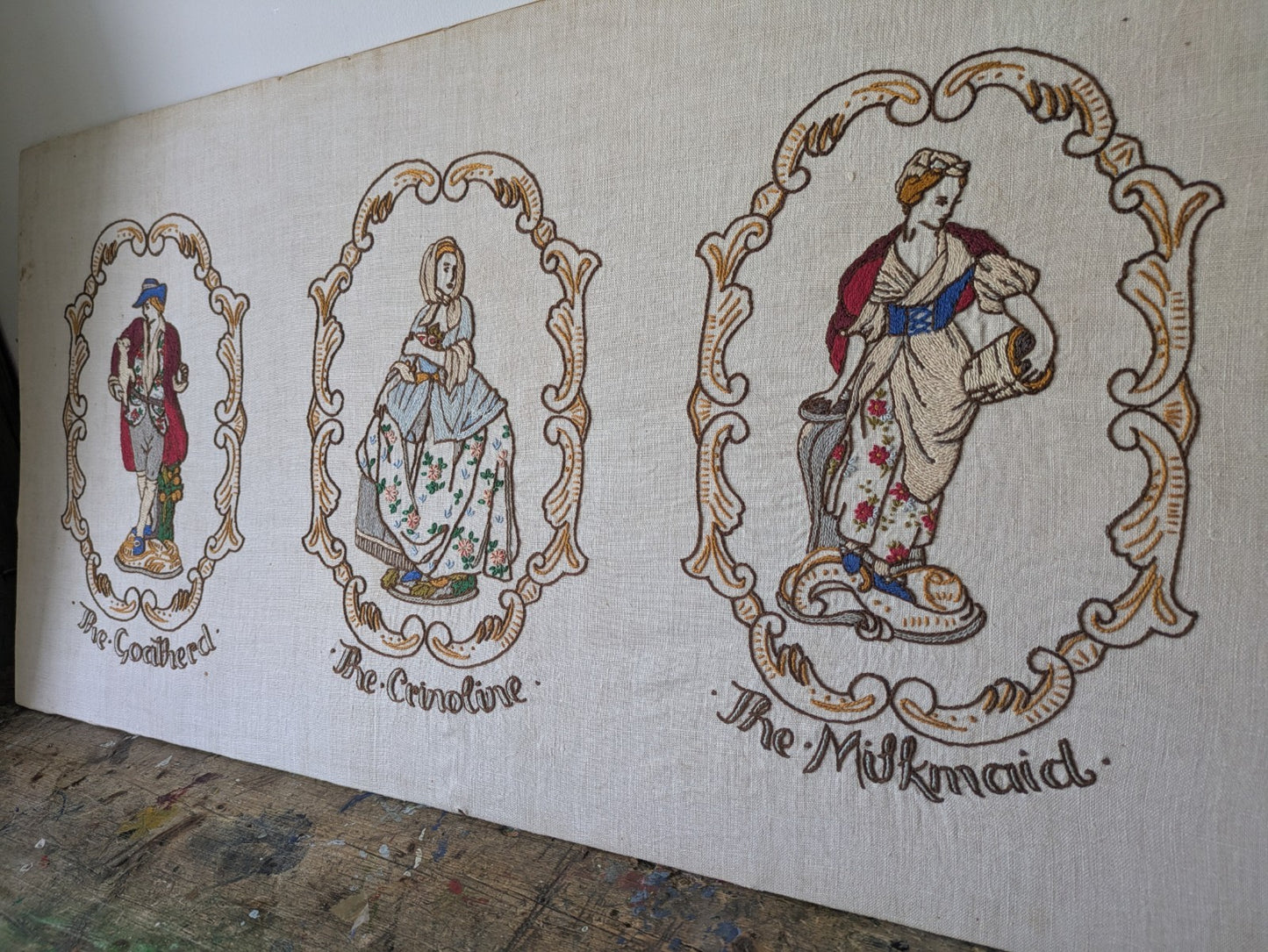 Vintage Antique Hand Embroidered Pictures of Crinoline Lady, Goatherd, Milkmaid