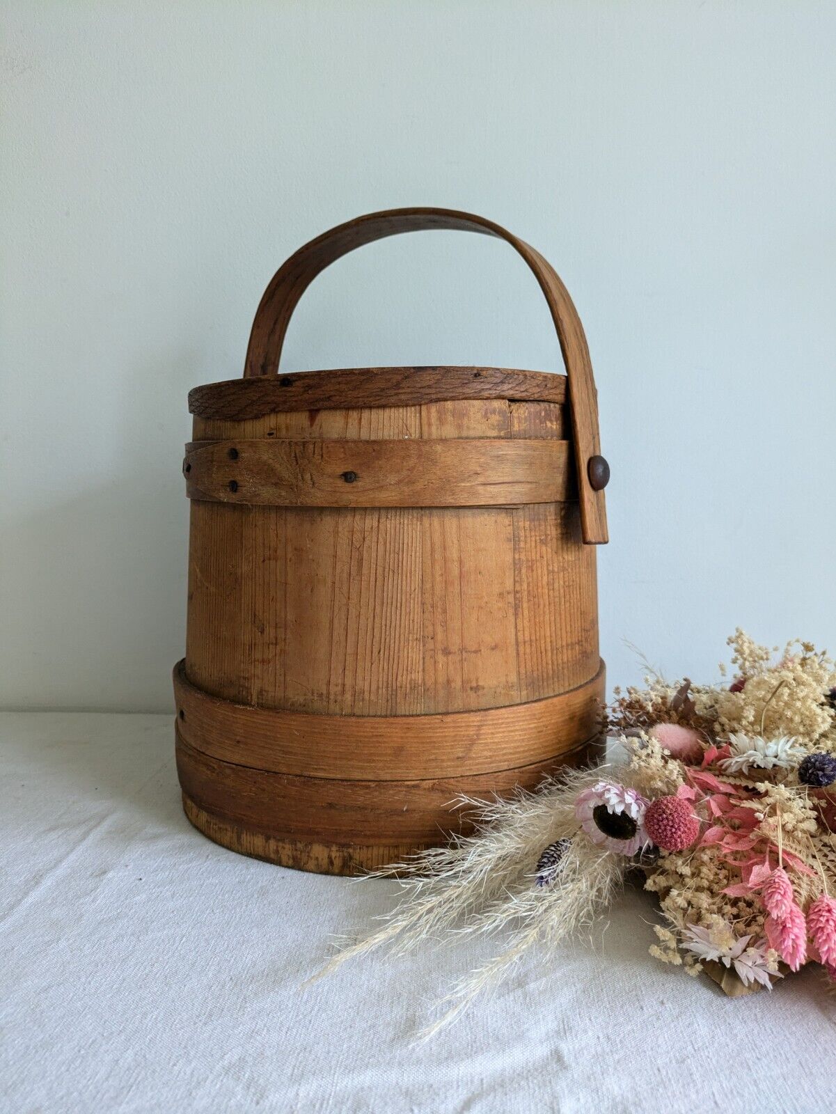 Vintage Wooden Firkin Sugar Bucket Lid Handle Primitive Pantry Pail 19th Century