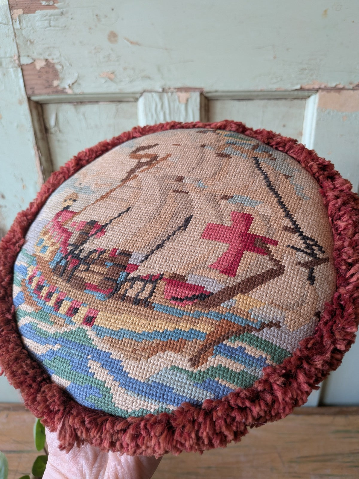 Victorian Tripod Needlepoint Foot Stool Ship Sailing Seat Tapestry Antique Vtg