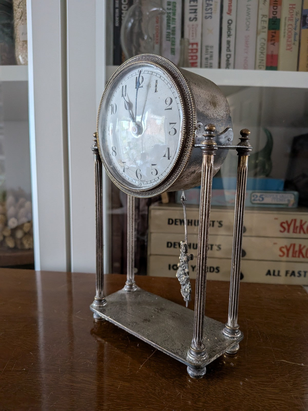 Antique French Portico Drumhead Mantel Clock Pendulum Silver-Plated VTG Art Deco