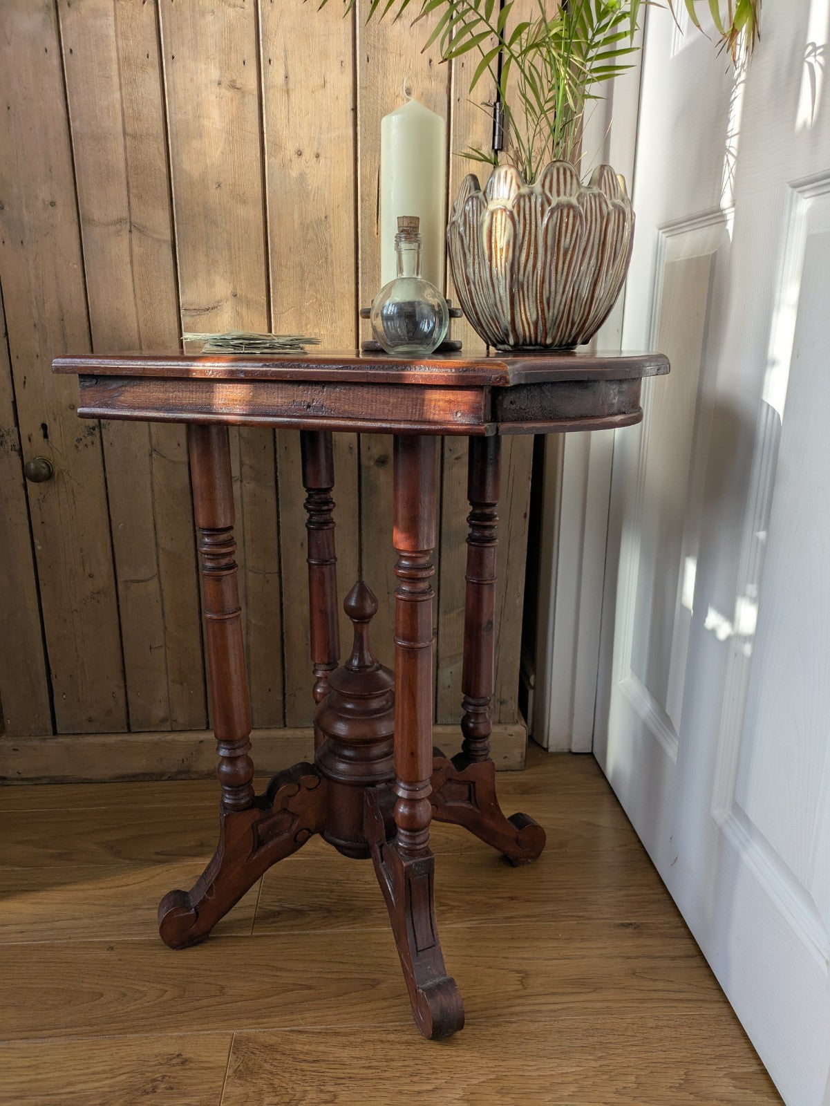 Antique Mahogany Side Table Hall Lamp Turned Legs & Finial Base Victorian C1890
