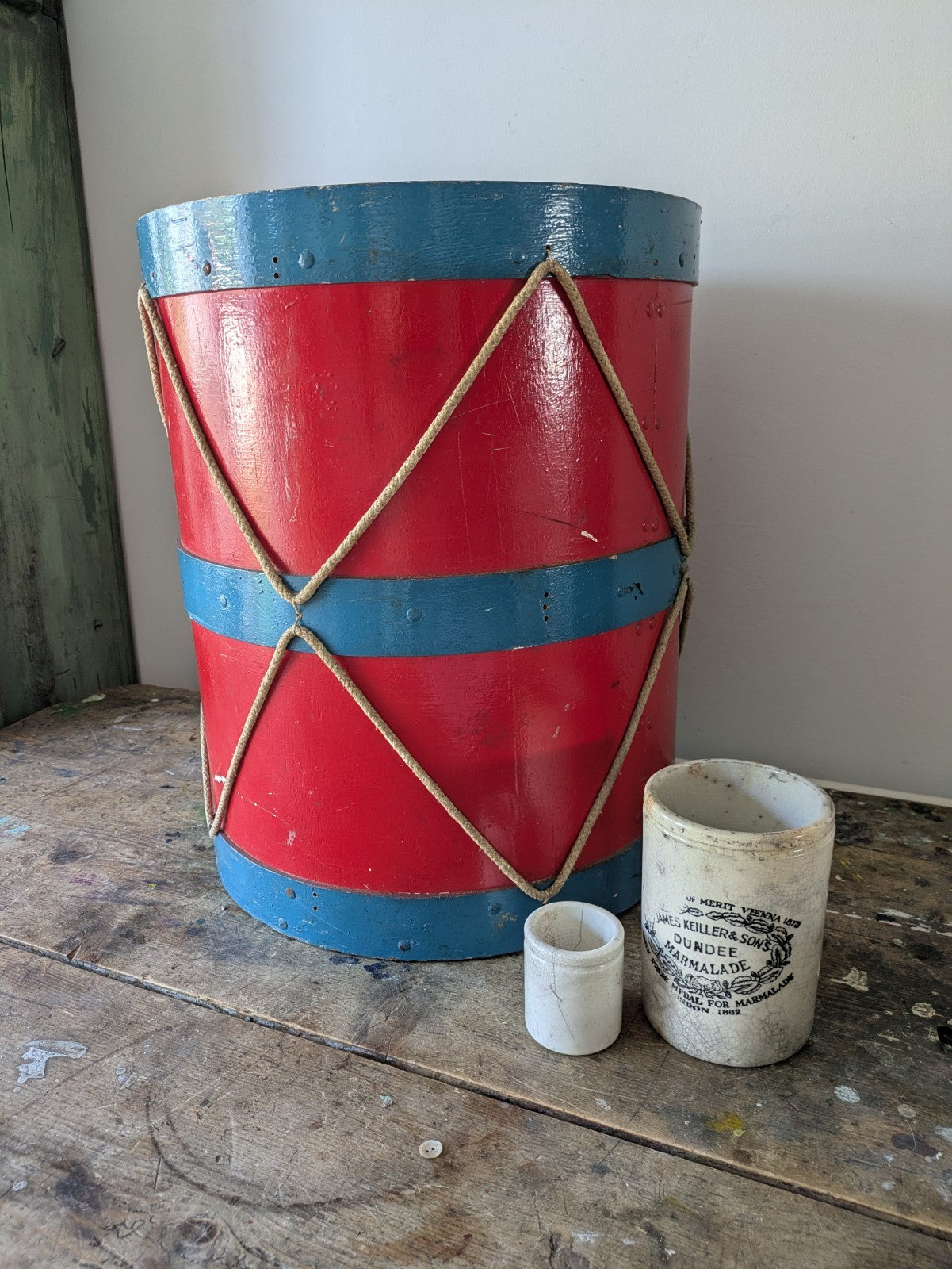 Vintage Drum Percussion Instrument Barrel Planter Table Xmas Tree Holder Stand 
