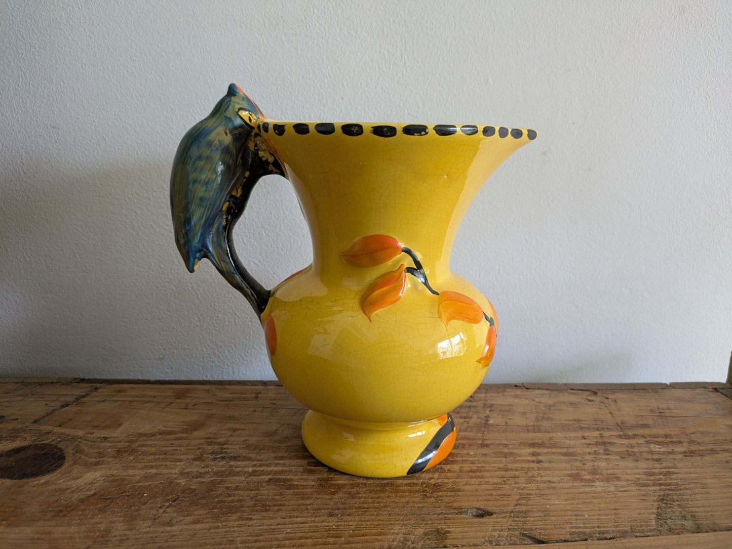 Art Deco Wade Heath Yellow Pitcher with Blue Parrot Bird Handle c 1934 Jug Vase