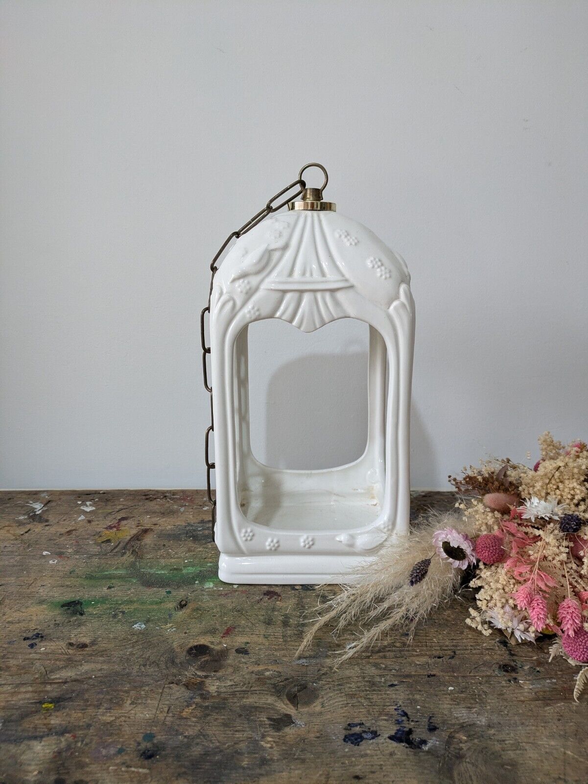 Large VTG White Ceramic Hand Painted Bird Cage Lantern On Chain Candle Holder Vg