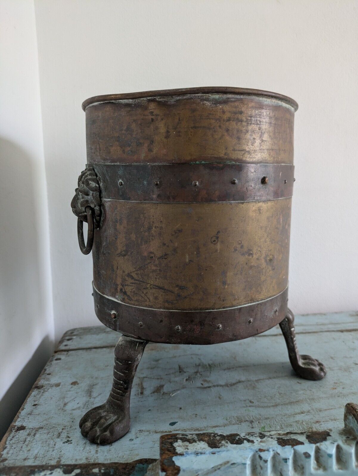 19th C Antique Copper Brass Lion Log Coal Bucket Planter Ice Cylinder 3 Leg Rare