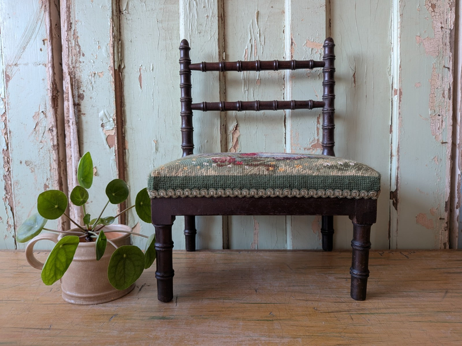 Antique Bobbin Faux Bamboo Childs Chair Apprentice Tapestry Seat Red Riding Hood