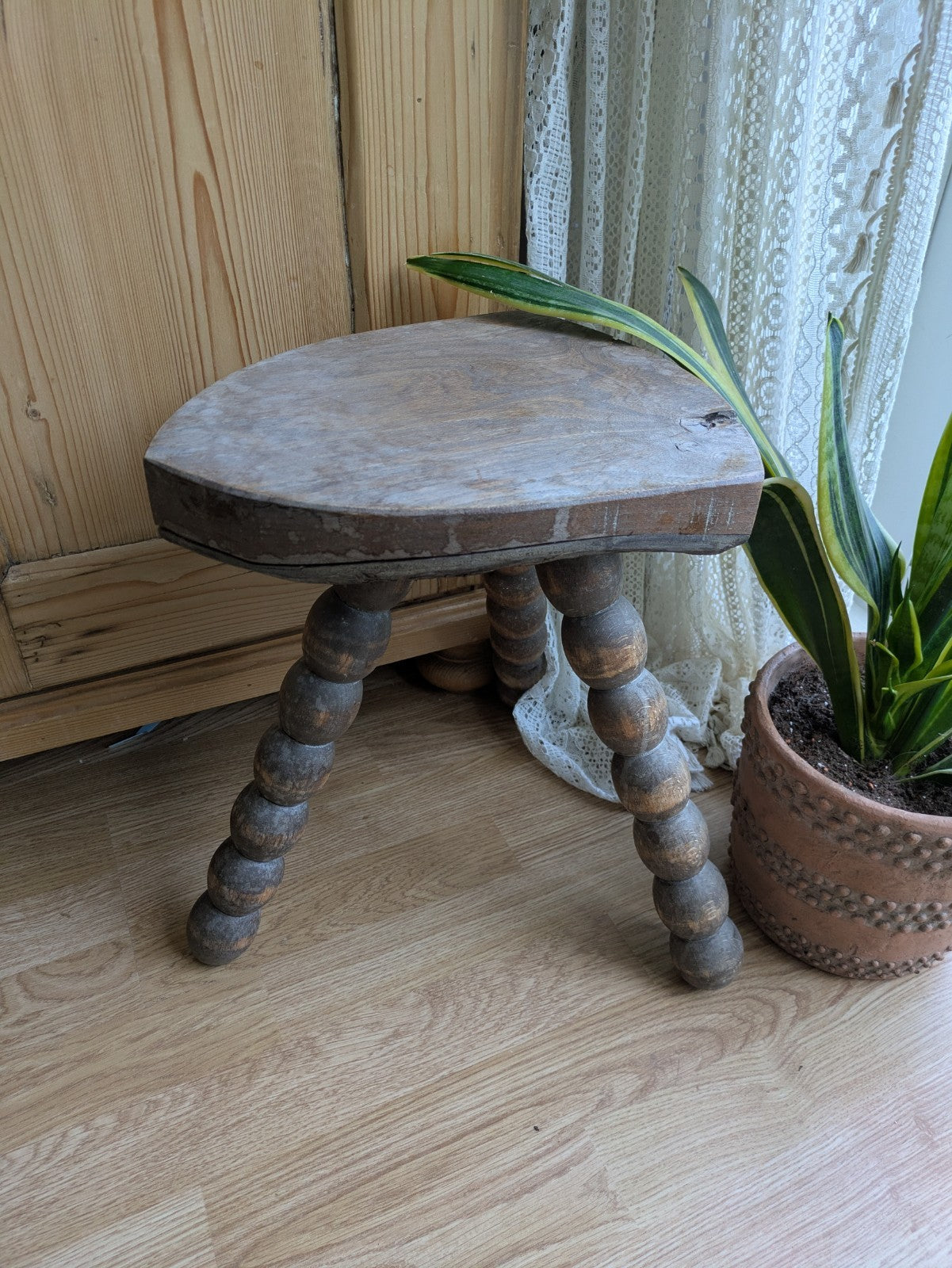 Antique 19th Century Vintage French Tripod Bobbin Leg Stool Plant Or Lamp Stand
