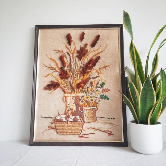 Large Vintage Framed Crewel Embroidery Floral Picture Bouquet Retro Stump Work