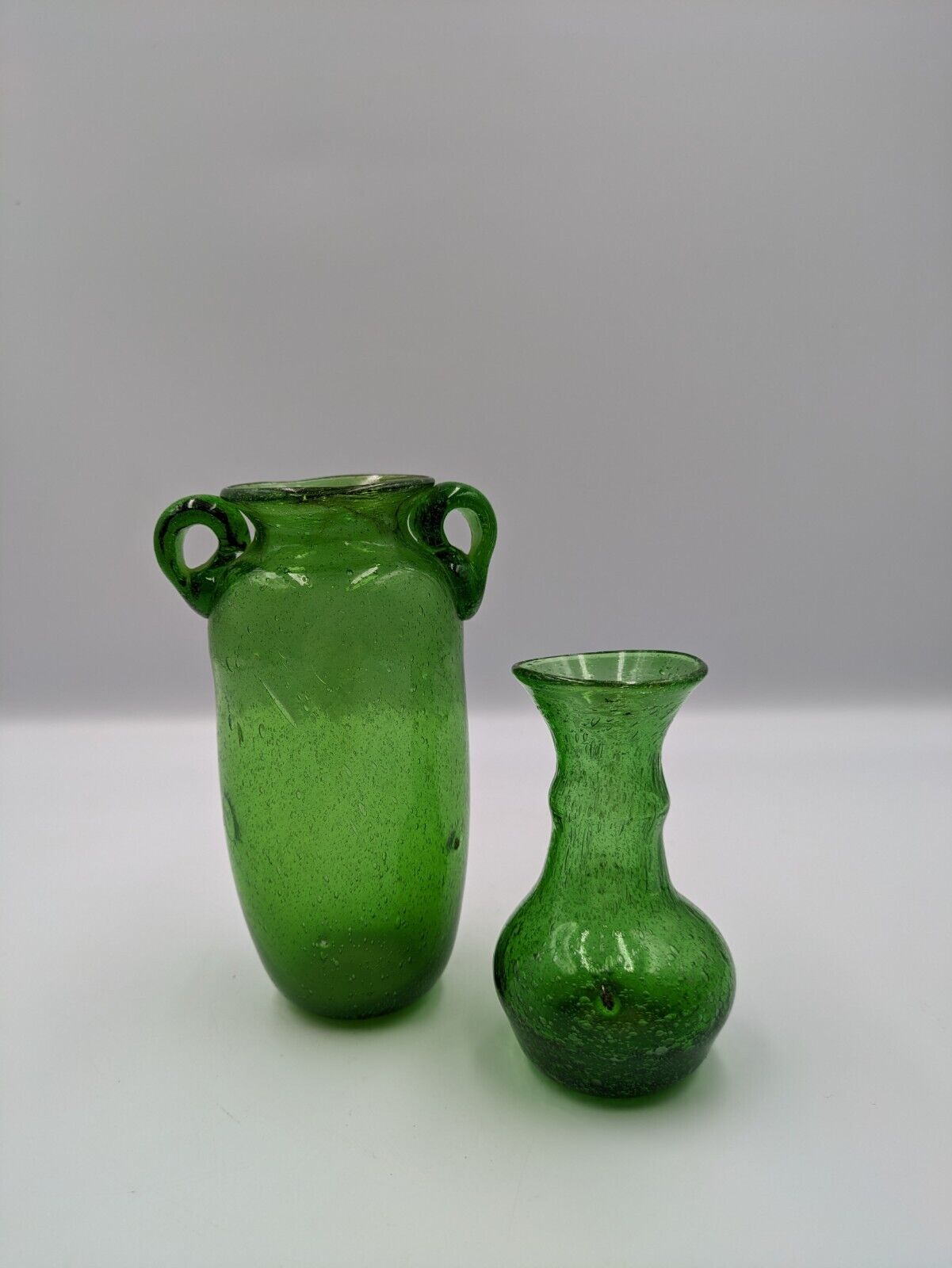2x Vintage Emerald Green Bubble Glass Miniature Windowsill Vases Hand blown Rare
