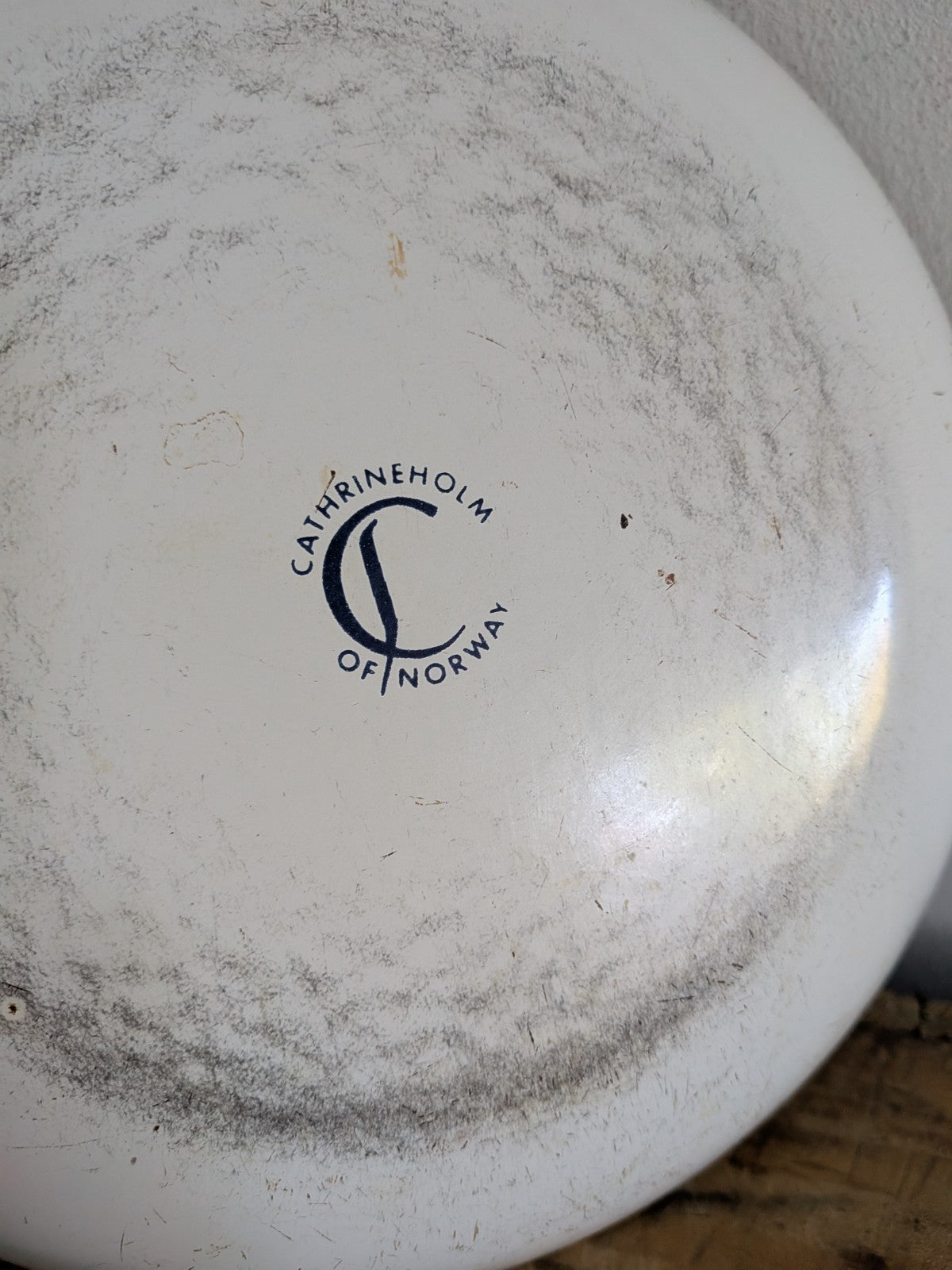 Vintage Retro Cathrineholm Norway Enamel Skillet Pan White Blue Lotus Pattern 