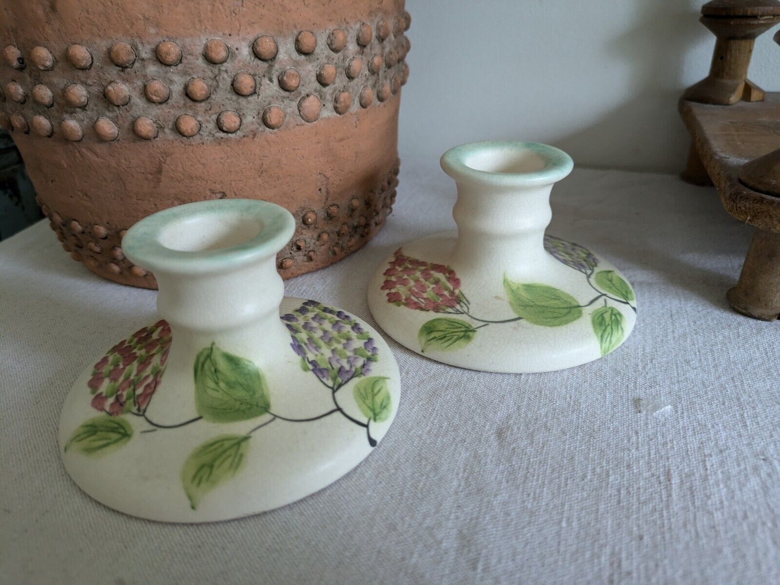 Pair Of E RADFORD 1930s Vintage Candlestick Holders Hand Painted Floral Art Deco