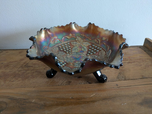 Fenton Grape & Cable Amethyst Iridescent Carnival Glass Three Legged Bowl Lustre