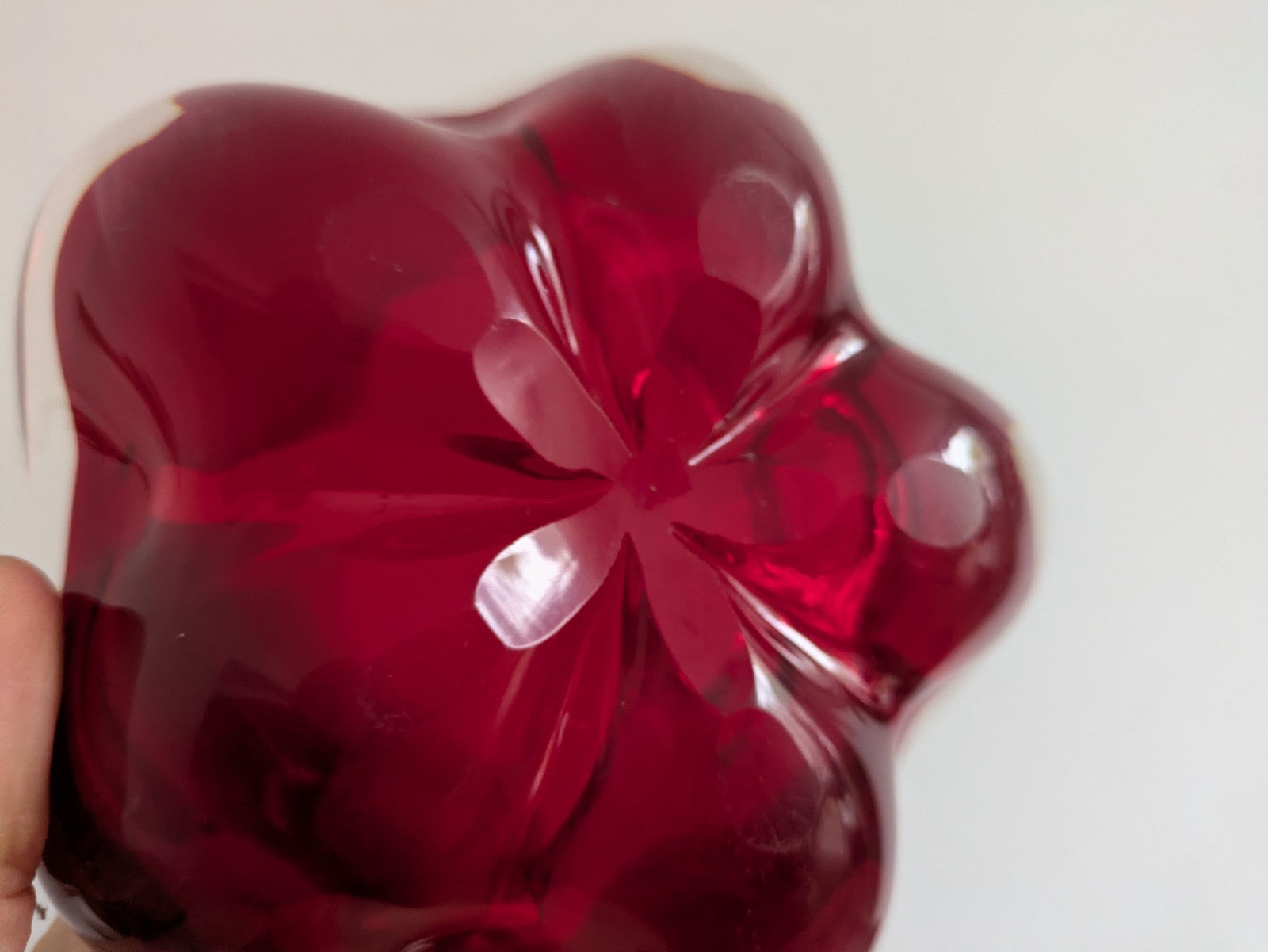 Whitefriars Ruby 5 Lobed Dish PatNo.9408 Flower Shape Cased Red Bowl Vtg Retro