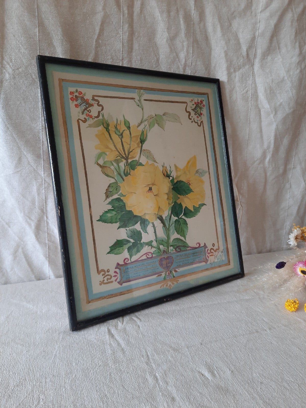 1970s Original Vintage Still Life Of Roses Painting Hand Dye Yellow Wedding Rare