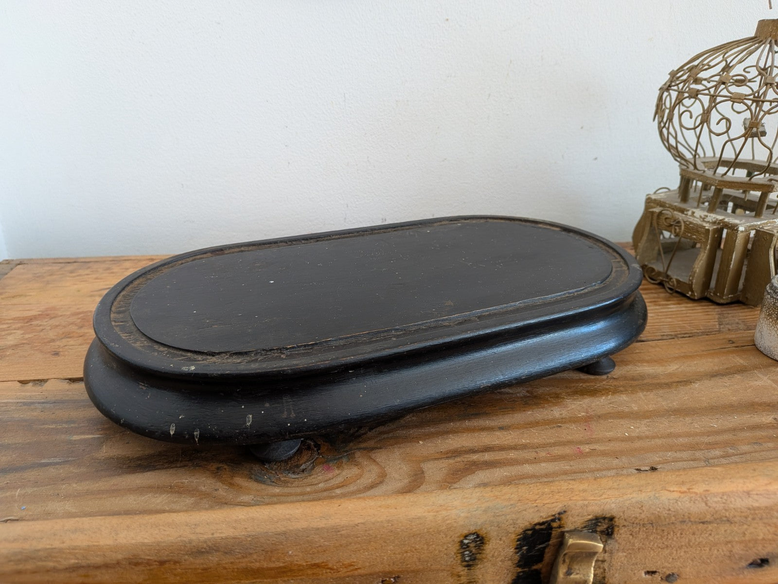 Antique Oval Wooden Base for Glass Dome Early 20th-C French Taxidermy Clock Vtg