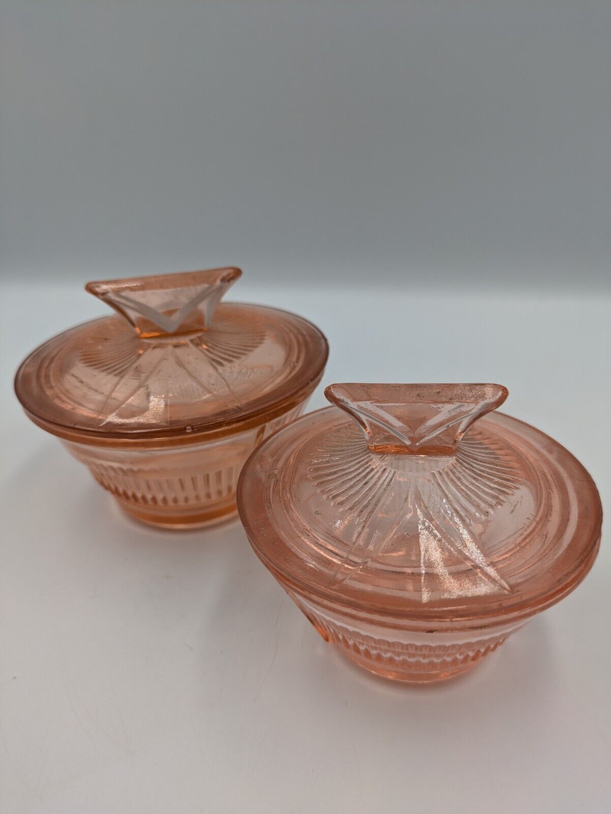 PAIR ART DECO VINTAGE GLASS DEPRESSION PINK GLASS Dish Pots Lids WALTHER VANITY 