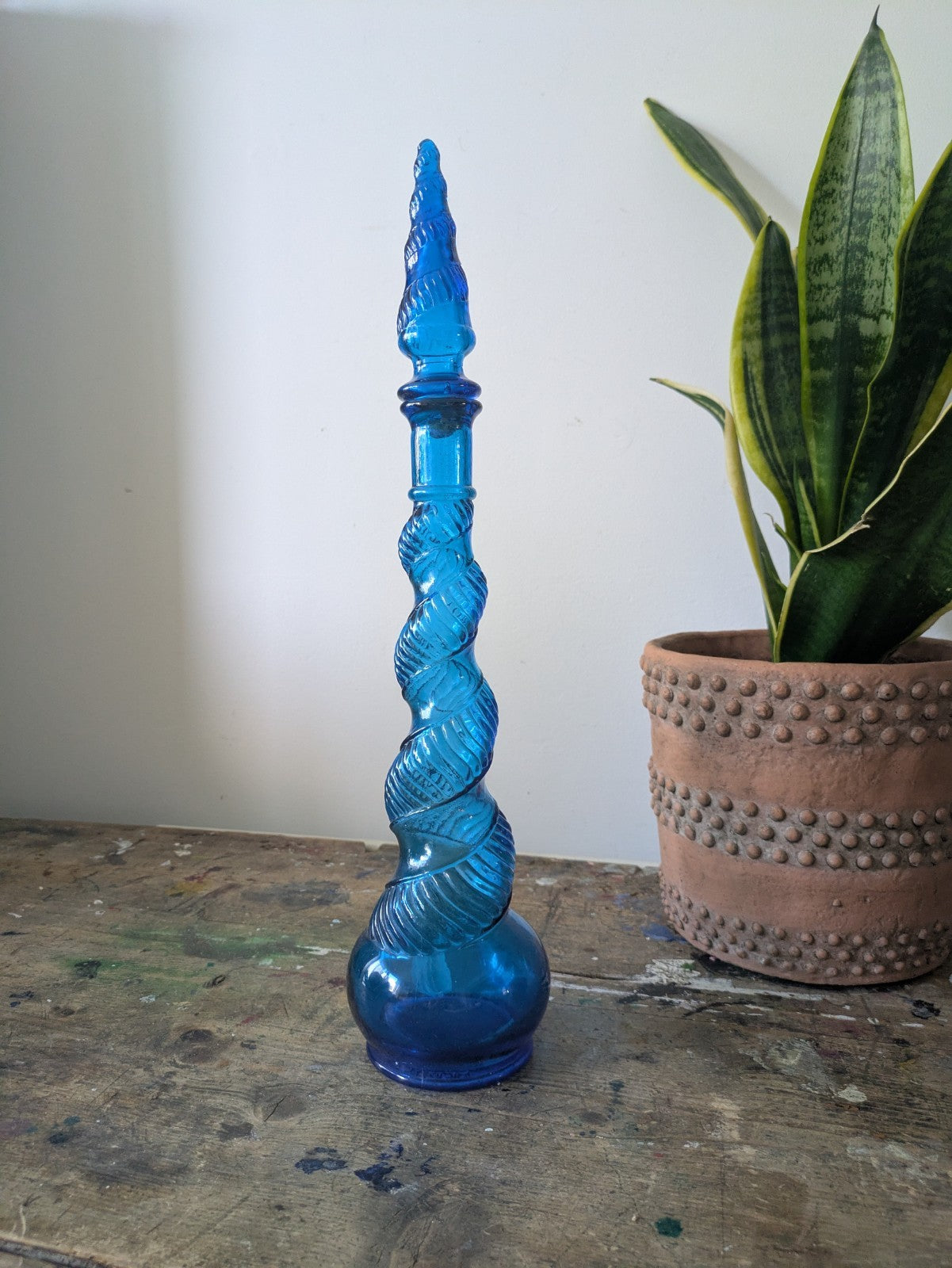 Vintage Genie Decanter Blue Spiral Glass French 1960s Depose Bottle 70s Stopper