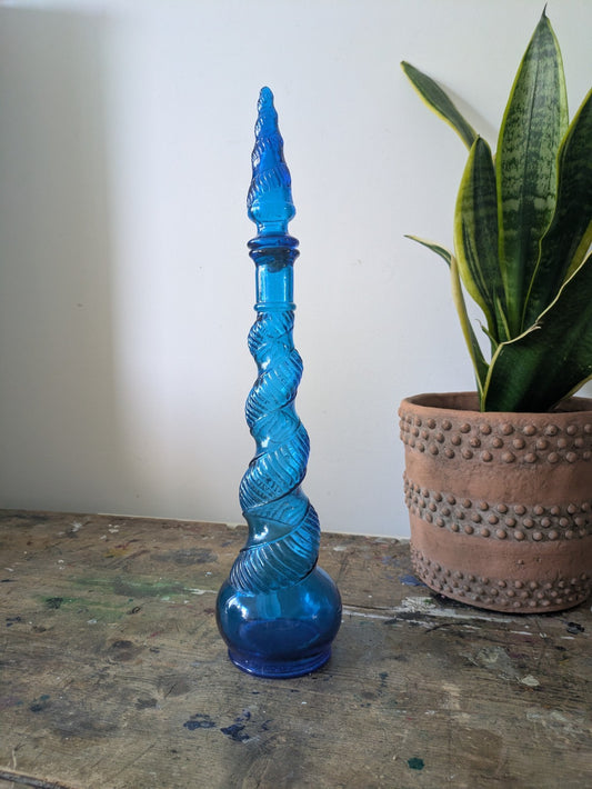Vintage Genie Decanter Blue Spiral Glass French 1960s Depose Bottle 70s Stopper